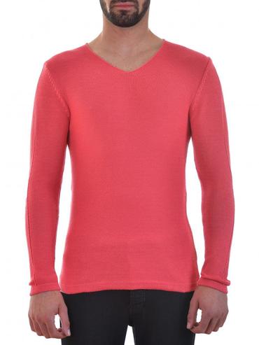 Ανδρικό απλό πουλόβερ με  λαιμόκοψη V με χρώμα καρπούζι