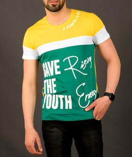 Ανδρικό κίτρινο-πράσινο μπλουζάκι με λευκή λωρίδα και επιγραφή