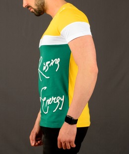 Ανδρικό κίτρινο-πράσινο μπλουζάκι με λευκή λωρίδα και επιγραφή