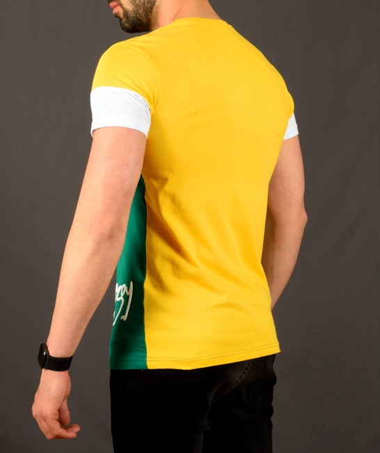 Ανδρικό κίτρινο-πράσινο μπλουζάκι με λευκή λωρίδα και επιγραφή