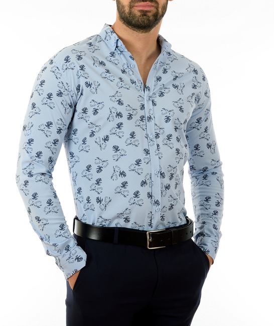 Ανδρικό πουκάμισο μπλε με φύλλα φοίνικα
