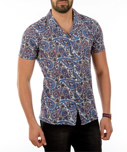 Ανδρικό λευκό πουκάμισο με μπλε και πορτοκαλί φιγούρες