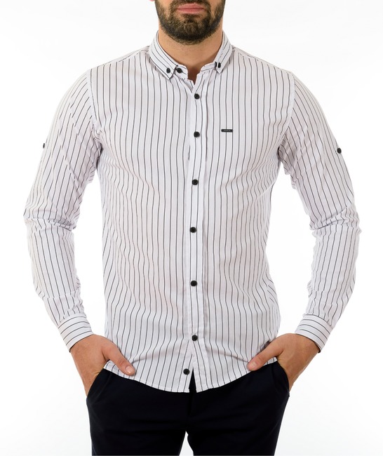 Ανδρικό λευκό πουκάμισο με στενές μαύρες ρίγες
