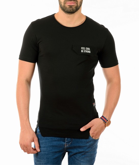 Ανδρικό μαύρο μπλουζάκι με μικρή τσέπη και επιγραφή