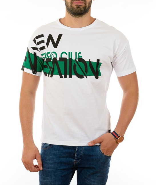 Ανδρικό λευκό μπλουζάκι με μαύρες και πράσινες επιγραφές