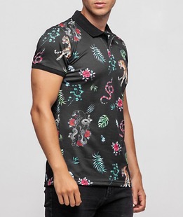 05 - Ανδρικό μαύρο μπλουζάκι με γιακά με τίγρη,φίδι και τροπικά στοιχεία