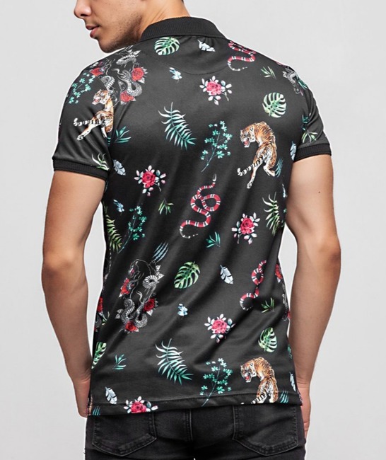 05 - Ανδρικό μαύρο μπλουζάκι με γιακά με τίγρη,φίδι και τροπικά στοιχεία