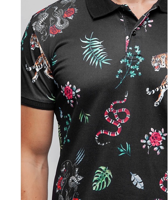 05 - Ανδρικό μαύρο μπλουζάκι με γιακά με τίγρη,φίδι και τροπικά στοιχεία