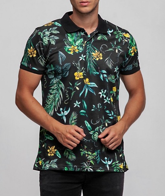 10 - Ανδρικό μαύρο μπλουζάκι με γιακά με μικρά κίτρινα λουλούδια και πράσινα φύλλα