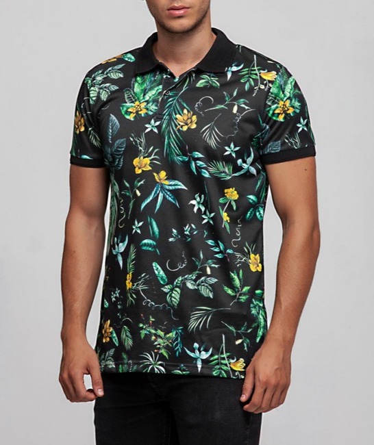 10 - Ανδρικό μαύρο μπλουζάκι με γιακά με μικρά κίτρινα λουλούδια και πράσινα φύλλα