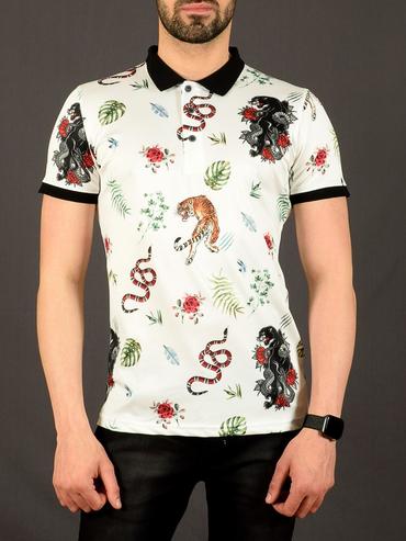 12 - Ανδρικό λευκό μπλουζάκι με γιακά τροπικά σχέδια 