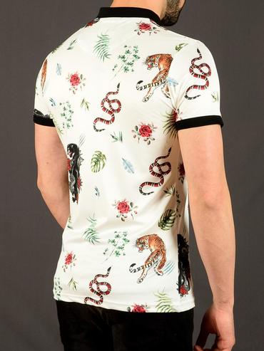 12 - Ανδρικό λευκό μπλουζάκι με γιακά τροπικά σχέδια 