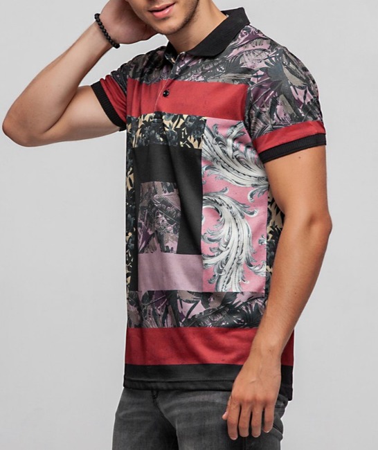18 - Ανδρικό μαύρο μπλουζάκι με ριγέ γιακά  χρώμα κεραμιδί και πράσινα φύλλα