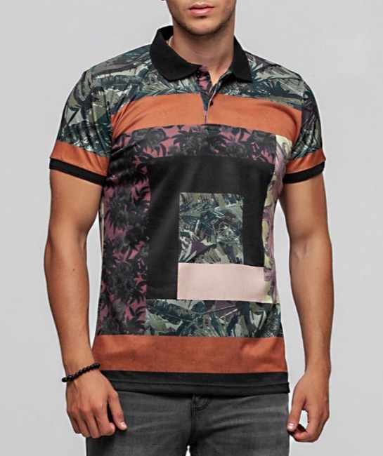 20 - Ανδρικό μαύρο μπλουζάκι με ριγέ γιακά χρώμα κεραμιδί και πράσινα  φύλλα