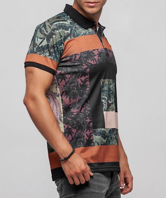 20 - Ανδρικό μαύρο μπλουζάκι με ριγέ γιακά χρώμα κεραμιδί και πράσινα  φύλλα