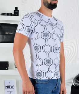 Λευκό ανδρικό μπλουζάκι με εξάγωνα και τίγρη 