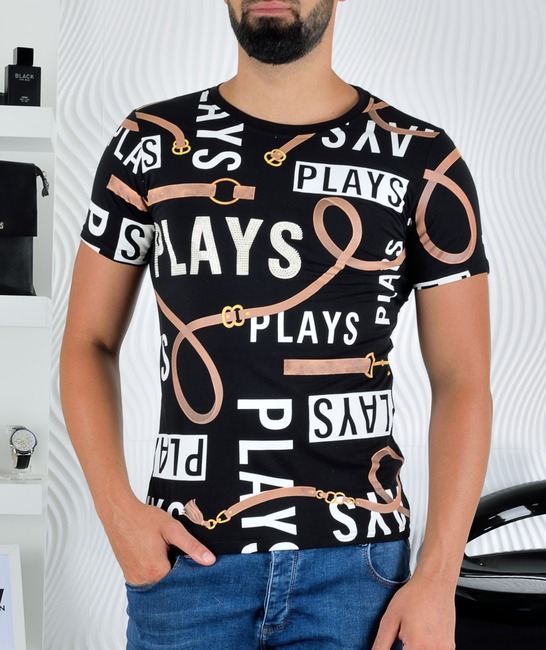 Μαύρο μπλουζάκι PLAYS με ζωγραφισμένη διακόσμηση ζωνών