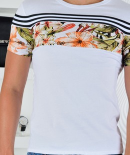 Ανδρικό λευκό μπλουζάκι με μαύρες κορδέλες και floral μοτίβα