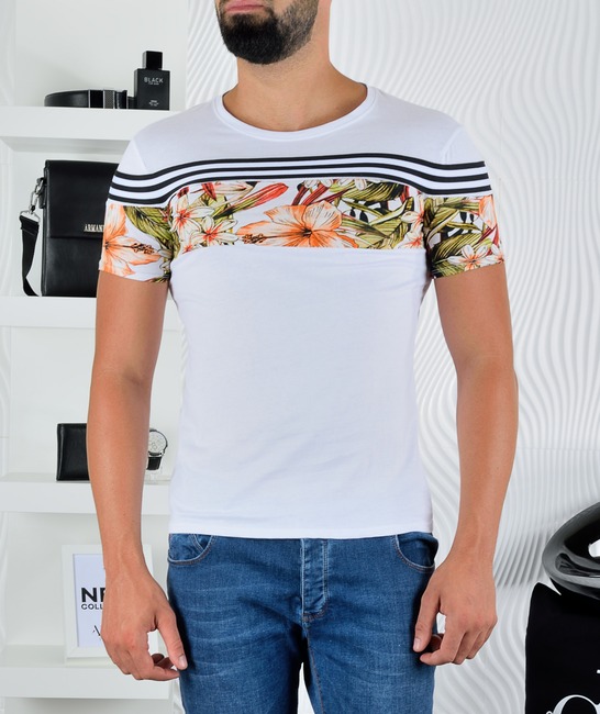 Ανδρικό λευκό μπλουζάκι με μαύρες κορδέλες και floral μοτίβα