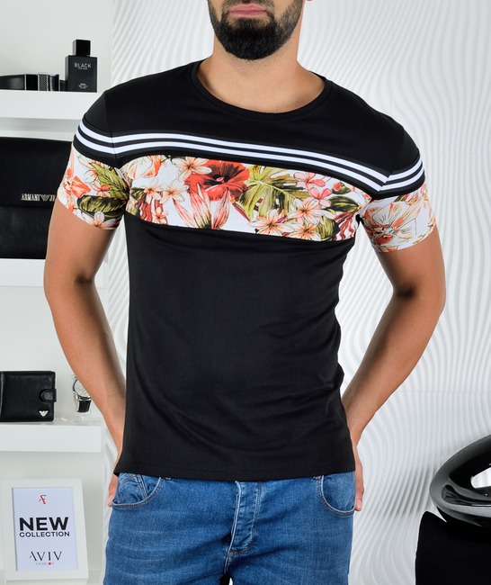 Ανδρικό μαύρο μπλουζάκι με λευκές ρίγες με floral print