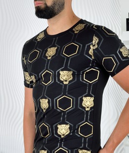 Μαύρο μπλουζάκι με χρυσούς ρόμβος και τίγρη