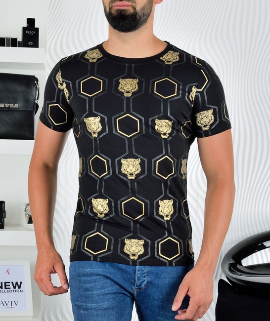 Μαύρο μπλουζάκι με χρυσούς ρόμβος και τίγρη
