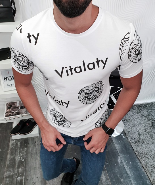 Λευκό ανδρικό μπλουζάκι Vitalaty με κεφάλι λιονταριού Λευκό ανδρικό μπλουζάκι Vitalaty με κεφάλι λιονταριού