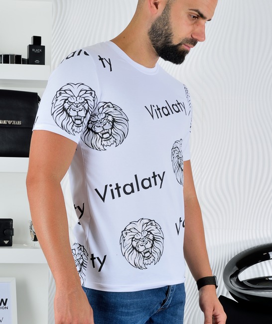 Λευκό ανδρικό μπλουζάκι Vitalaty με κεφάλι λιονταριού Λευκό ανδρικό μπλουζάκι Vitalaty με κεφάλι λιονταριού
