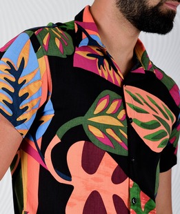 Μαύρο ανδρικό κοντομάνικο πουκάμισο με λουλούδια