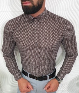 Καφέ ανδρικό πουκάμισο με λευκά τοξωτά στοιχειά 