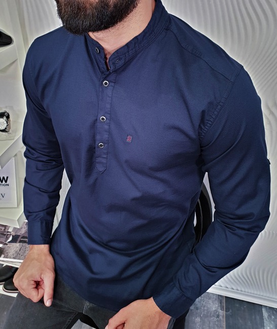 Ανδρικό σκούρο μπλε πουκάμισο με γιακά Μάο