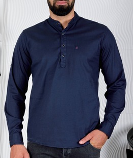 Ανδρικό σκούρο μπλε πουκάμισο με γιακά Μάο