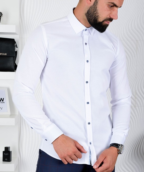  Ανδρικό λευκό πουκάμισο από ανάγλυφο ύφασμα με μπλε κουμπιά