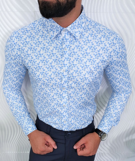 Ανδρικό λευκό πουκάμισο με μπλε κλαδάκια 