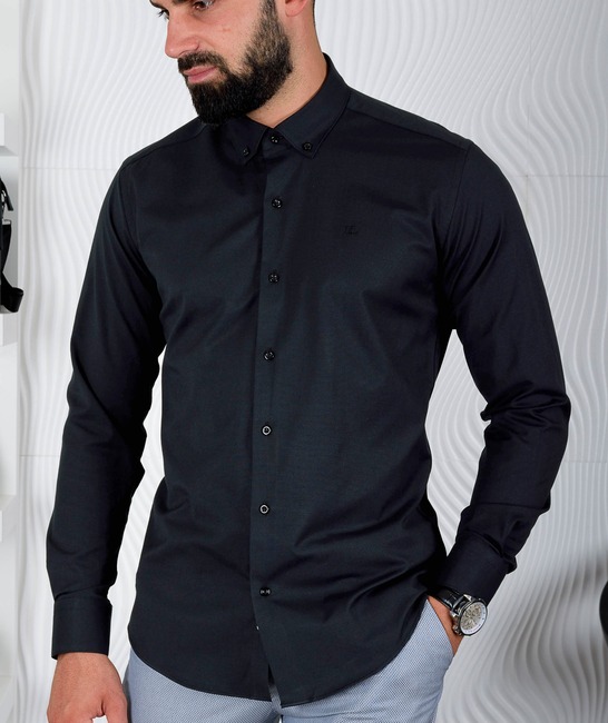 Ανδρικό μαύρο πουκάμισο από ανάγλυφο ύφασμα