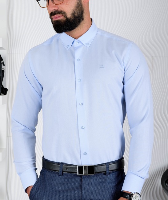 Ανδρικό πουκάμισο μπλε πουά από ανάγλυφο ύφασμα