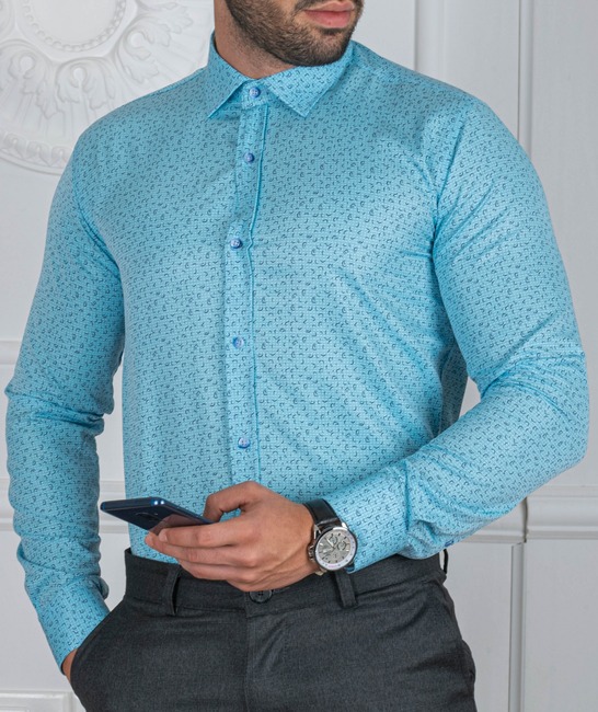 Μπλε ανδρικό πουκάμισο με τοξωτά μαύρα στοιχεία