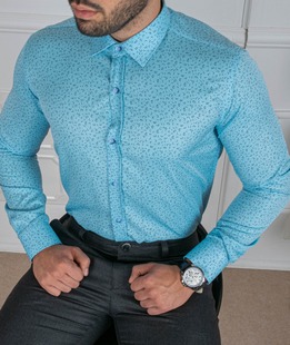 Μπλε ανδρικό πουκάμισο με τοξωτά μαύρα στοιχεία