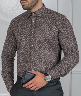 Ανδρικό καφέ πουκάμισο με λευκά στοιχεία paisley