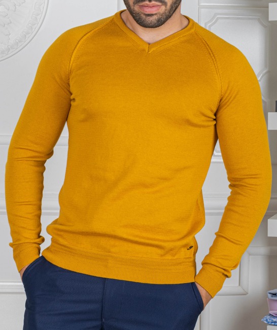 Ανδρικό πουλόβερ με  λαιμόκοψη V  μανίκια ραγκλάν σε χρώμα μουστάρδα