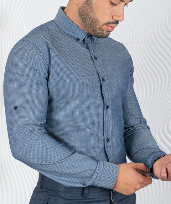 Ανδρικό σκούρο μπλε πουκάμισο από ανάγλυφο ύφασμα