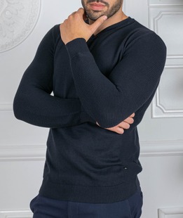 Ανδρικό μπλε πουλόβερ με μανίκια με ραβδώσεις