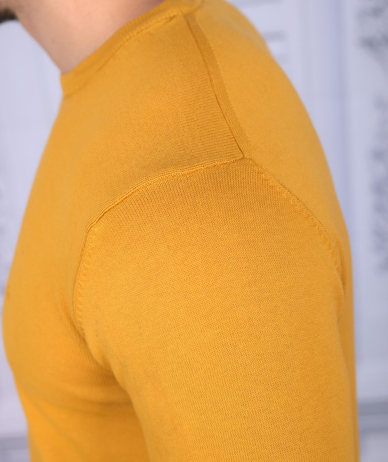 Βαμβακερό ανδρικό πουλόβερ με στρογγυλή λαιμόκοψη σε μουσταρδί χρώμα