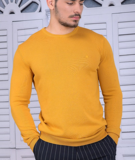 Βαμβακερό ανδρικό πουλόβερ με στρογγυλή λαιμόκοψη σε μουσταρδί χρώμα