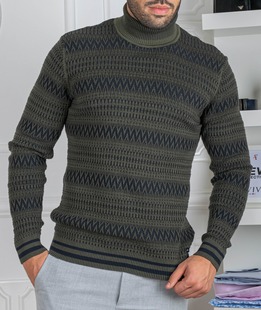 Ανδρικό πουλόβερ με γιακά πόλο με διακοσμητικά ζιγκ ζαγκ πράσινο χρώμα