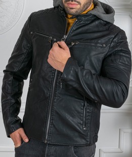 Ανδρικό χειμερινό μαύρο μπουφάν απο οικολογικό δέρμα με κουκούλα