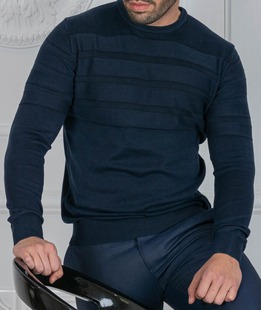 Ανδρικό πουλόβερ με οριζόντιες ρίγες σκούρο μπλε