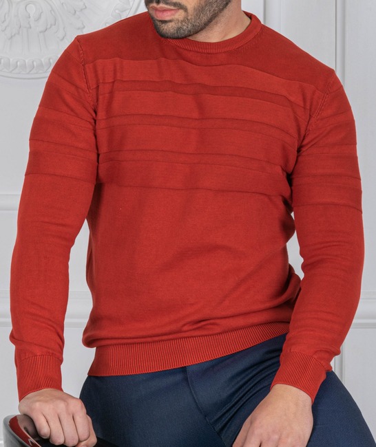 Ανδρικό πουλόβερ με οριζόντιες ρίγες  κόκκινο χρώμα