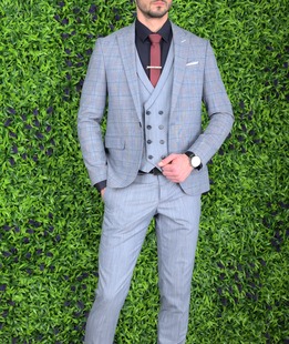 Κομψό ανδρικό καρό κοστούμι τριών τεμαχίων σε γαλάζιο χρώμα 