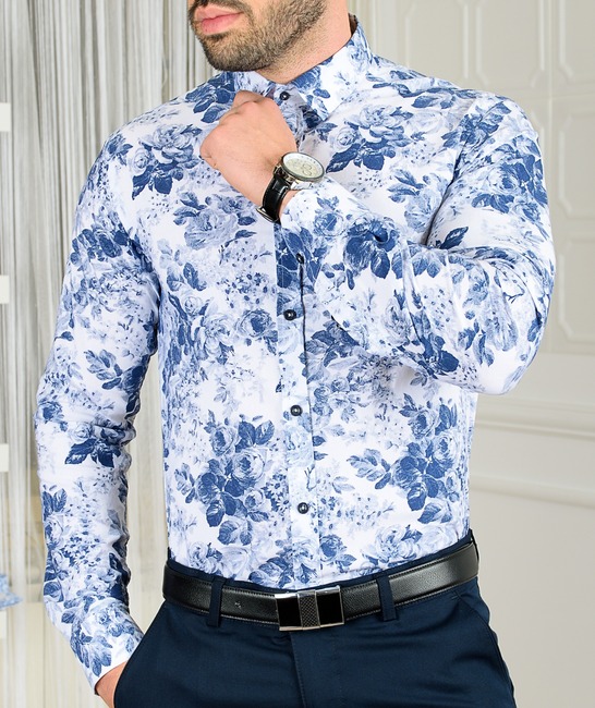 Ανδρικό λευκό πουκάμισο με μπλε λουλούδια